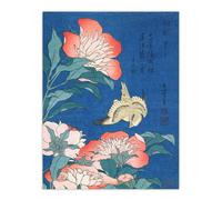 Artery8 Canary & Peony Flowers Japan Wall Art Print Katsushika Hokusai in Blue | Size: W12" x H16" Artery8 Blue W12" x H16"