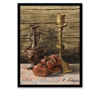 Artery8 Candlestick Vase & Mask Still Life Framed Wall Art Print Egon Schiele in Brown | Size: A4 Artery8 Brown A4