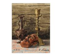 Artery8 Candlestick Vase & Mask Still Life Wall Art Print Egon Schiele in Brown | Size: W24" x H32" Artery8 Brown W24" x H32"