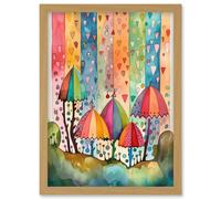 Artery8 Candy Land Rain Rainbow Folk Art Artwork Framed Wall Art Print A4 in Light Oak Artery8 Light Oak