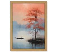 Artery8 Canoe Boat on Misty Lake Oil Painting Landscape Blue Pink Blossom Tree Early Morning Artwork Framed A3 Wall Art Print