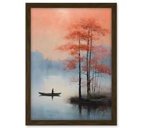 Artery8 Canoe Boat on Misty Lake Oil Painting Landscape Blue Pink Blossom Tree Early Morning Artwork Framed A3 Wall Art Print