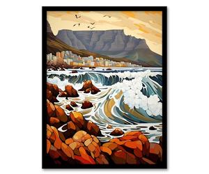 Artery8 Cape Town Cityscape under Table Mountain Stylised Painting Crashing Waves in Coastal Landscape Art Print Framed Poster Wall Decor 12x16 inch