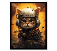 Artery8 Captain Chuckles Steampunk Cat Cute Fun Artwork Art Print Framed Poster Wall Decor in Black | Size: W12" x H16" Artery8 Black W12" x H16"