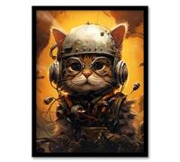 Artery8 Captain Chuckles Steampunk Cat Cute Fun Artwork Framed Wall Art Print 18X24 Inch