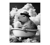 Artery8 Capybara with Hat in Bathtub Black White Surreal Bathroom Toilet Extra Large XL Wall Art Poster Print