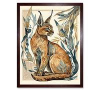 Artery8 Caracal Cat with Teal Plants Modern Art Nouveau Watercolour Illustration Art Print Framed Poster Wall Decor 12x16 inch