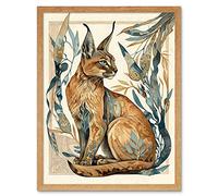 Artery8 Caracal Cat with Teal Plants Modern Art Nouveau Watercolour Illustration Art Print Framed Poster Wall Decor 12x16 inch