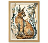 Artery8 Caracal Cat with Teal Plants Modern Art Nouveau Watercolour Illustration Artwork Framed Wall Art Print A4