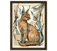 Caracal Cat with Teal Plants Modern Art Nouveau Watercolour Illustration Artwork Framed Wall Art Print A4 Artery8 Brown One Size