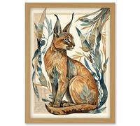 Caracal Cat with Teal Plants Modern Art Nouveau Watercolour Illustration Artwork Framed Wall Art Print A4 Artery8 Light Oak One Size