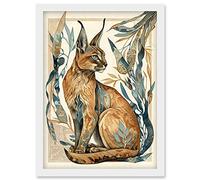 Artery8 Caracal Cat with Teal Plants Modern Art Nouveau Watercolour Illustration Artwork Framed Wall Art Print A4