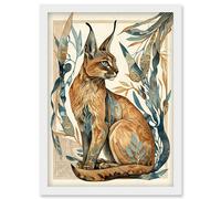 Caracal Cat with Teal Plants Modern Art Nouveau Watercolour Illustration Artwork Framed Wall Art Print A4 Artery8 White One Size