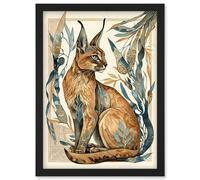 Artery8 Caracal Cat with Teal Plants Modern Art Nouveau Watercolour Illustration Artwork Framed Wall Art Print A4 in Black Artery8 Black