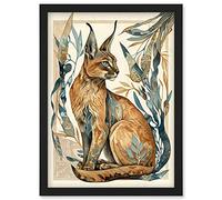 Artery8 Caracal Cat with Teal Plants Modern Art Nouveau Watercolour Illustration Artwork Framed Wall Art Print A4