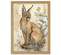 Artery8 Caracal Cat with Teal Plants Modern Pastel Watercolour Illustration Artwork Framed A3 Wall Art Print