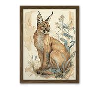 Artery8 Caracal Cat with Teal Plants Modern Pastel Watercolour Illustration Artwork Framed Wall Art Print 18X24 Inch