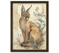 Caracal Cat with Teal Plants Modern Pastel Watercolour Illustration Artwork Framed Wall Art Print A4 Artery8 Brown One Size