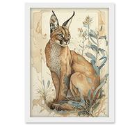 Artery8 Caracal Cat with Teal Plants Modern Pastel Watercolour Illustration Artwork Framed Wall Art Print A4