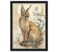 Artery8 Caracal Cat with Teal Plants Modern Pastel Watercolour Illustration Artwork Framed Wall Art Print A4