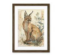 Artery8 Caracal Cat with Teal Plants Modern Pastel Watercolour Illustration Artwork Framed Wall Art Print 18X24 Inch