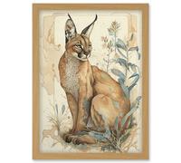 Caracal Cat with Teal Plants Modern Pastel Watercolour Illustration Artwork Framed Wall Art Print A4 Artery8 Light Oak One Size