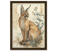 Artery8 Caracal Cat with Teal Plants Modern Pastel Watercolour Illustration Artwork Framed Wall Art Print A4