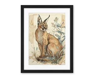 Artery8 Caracal Cat with Teal Plants Modern Pastel Watercolour Illustration Artwork Framed Wall Art Print 18X24 Inch