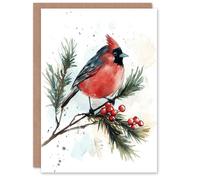 Artery8 Cardinal Bird Pine Tree Holly Berry Christmas Fun Festive Xmas Card in Red Artery8 Red