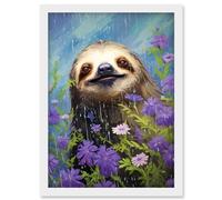 Wall Art Print Carefree Sloth in a Field of Lavender Daisies Oil Painting Enjoying the Spring Rain Kids Bedroom Artwork Framed A4 Artery8 White A4