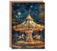 Artery8 Carousel Under The Stars Magical Dreamy Painting For Child Kids Birthday Card