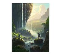Artery8 Cascading Waterfall Painting Warriors on River Boulders in Enchanting Mountain Landscape Extra Large XL Wall Art Poster Print