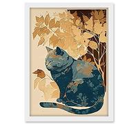 Artery8 Cat by Countryside Shrub Bush in Autumn Modern Linocut Illustration Artwork Framed A3 Wall Art Print