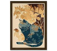 Artery8 Cat by Countryside Shrub Bush in Autumn Modern Linocut Illustration Artwork Framed A3 Wall Art Print