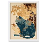 Artery8 Cat by Countryside Shrub Bush in Autumn Modern Linocut Illustration Artwork Framed Wall Art Print A4