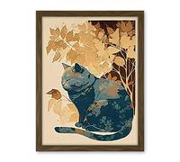 Artery8 Cat by Countryside Shrub Bush in Autumn Modern Linocut Illustration Artwork Framed Wall Art Print 18X24 Inch
