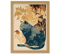 Artery8 Cat by Countryside Shrub Bush in Autumn Modern Linocut Illustration Artwork Framed Wall Art Print A4