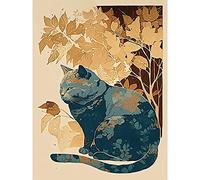 Artery8 Cat by Countryside Shrub Bush in Autumn Modern Linocut Illustration Extra Large XL Wall Art Poster Print