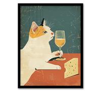 Artery8 Cat Drinking Glass of Wine with Cheese Painting For Kitchen Artwork Framed Wall Art Print A4