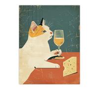 Artery8 Cat Drinking Glass of Wine with Cheese Painting For Kitchen Large Wall Art Poster Print Thick Paper 18X24 Inch