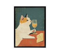 Artery8 Cat Drinking Wine With Cheese Framed Canvas Wall Art Print in Orange | Size: W18" x H24" Artery8 Orange W18" x H24"
