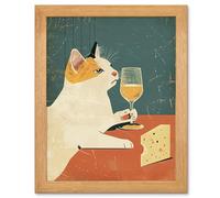 Artery8 Cat Glass of Wine & Cheese - Kitchen Decor Art - Oak Wood Framed Print