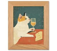 Artery8 Cat Glass of Wine & Cheese - Kitchen Decor Art - Oak Wood Framed Print