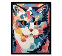 Artery8 Cat Graphic 1960s Abstract Painting Pastel Colour Retro Boho Animal Portrait Artwork Framed Wall Art Print 18X24 Inch