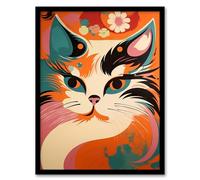 Artery8 Cat Graphic 1960s Painting Orange Blue Teal Pink Floral Retro Boho Animal Portrait Artwork Framed Wall Art Print 18X24 Inch