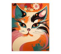 Artery8 Cat Graphic 1960s Painting Orange Blue Teal Pink Floral Retro Boho Animal Portrait Extra Large XL Wall Art Poster Print