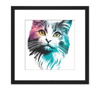 Artery8 Cat Head Colourful Watercolour & Ink Teal Pink Orange Illustration Square Wooden Framed Wall Art Print Picture 8X8 Inch in Black Artery8 Black