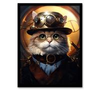 Artery8 Cat In The Hat Steampunk Moggie Cute Fun Artwork Art Print Framed Poster Wall Decor in Black | Size: W12" x H16" Artery8 Black W12" x H16"