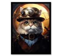 Artery8 Cat In The Hat Steampunk Moggie Cute Fun Artwork Framed Wall Art Print A4