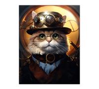 Artery8 Cat In The Hat Steampunk Moggie Cute Fun Artwork Unframed Wall Art Print Poster Home Decor Premium | Size: W12" x H16" Artery8 Multicolor W12" x H16"